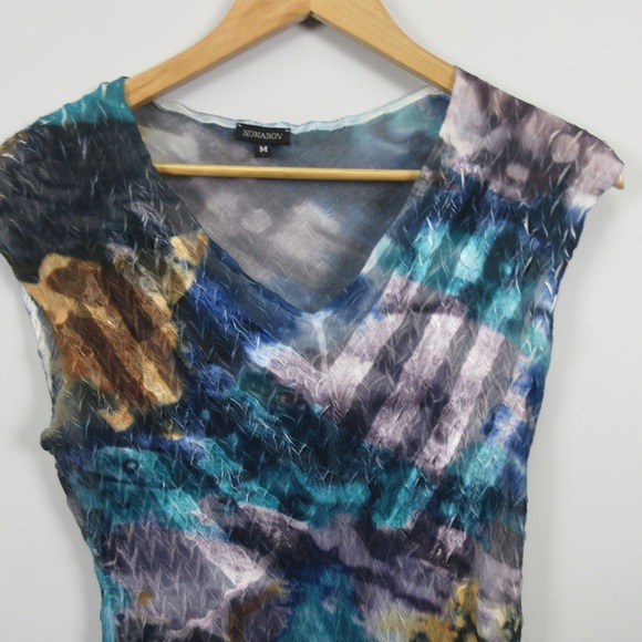 Komarov Knee Length Dress M Blue Watercolor Sleeveless Crinkled Whimsical 212 - Picture 10 of 11